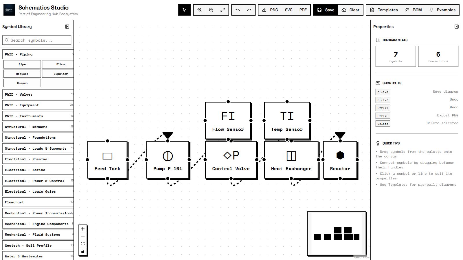 Full Schematics Studio workspace showing a P&ID example and discipline-specific symbol library